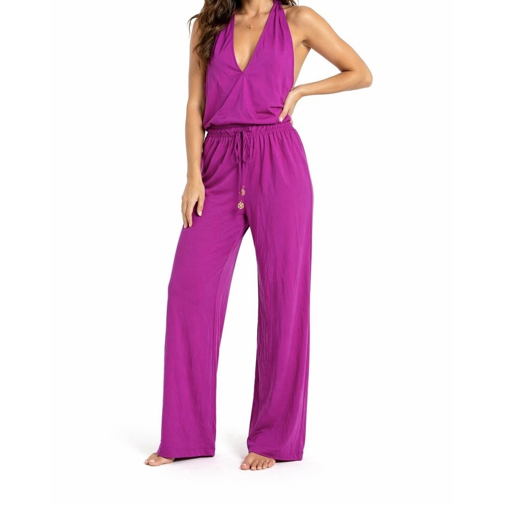 Luli Fama Cosita Buena Cover Up Jumpsuit Large Pink Orchid Open Back NWT L